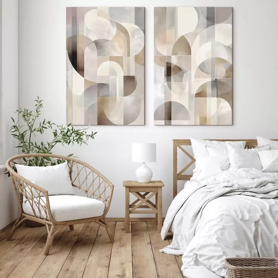 Paveikslėlis Minimalistinė, geometrinė, abstrakti kompozicija, kurioje vyrauja švelnių smėlio, kreminės, pilkai rudos ir pilkai smėlio atspalvių paletė m30725