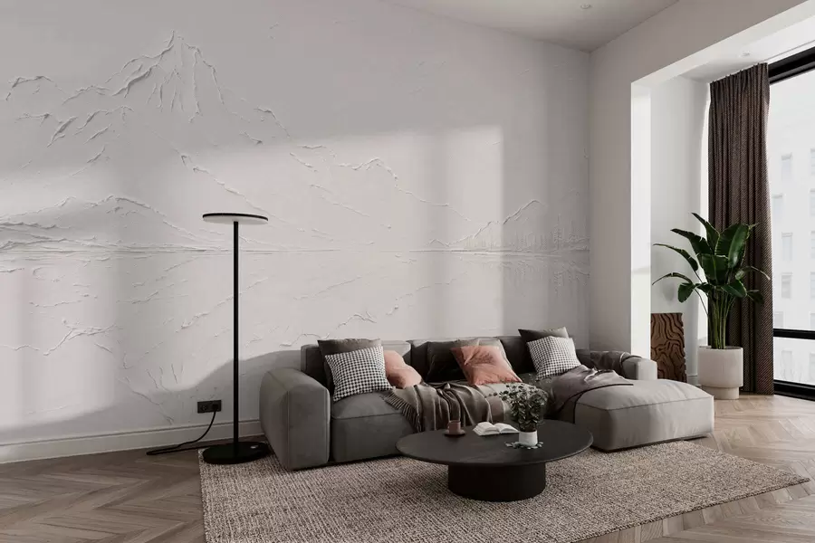 Fototapetai Reljefinis kalnų peizažas su atspindžiu ramioje vandenyje w05739