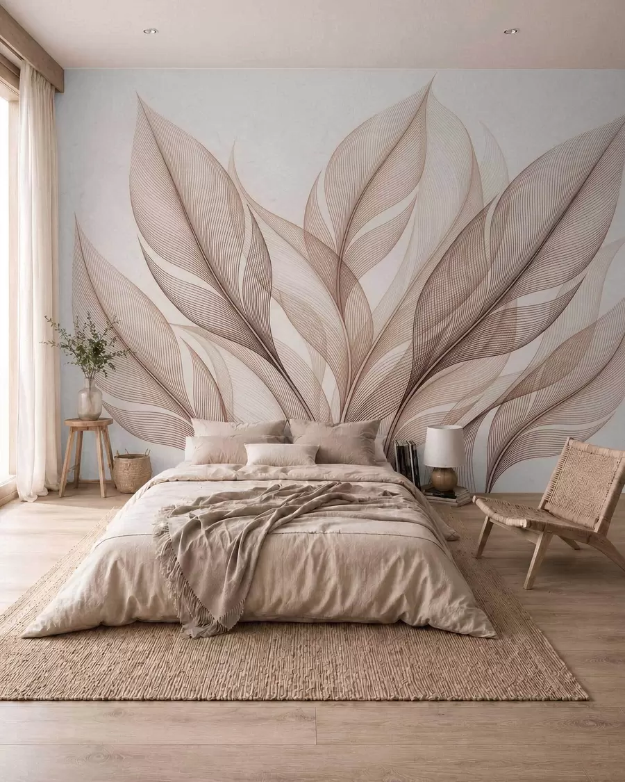 Fototapetai Elegantiška botaninė kompozicija su dideliais stilizuotais lapais w09944
