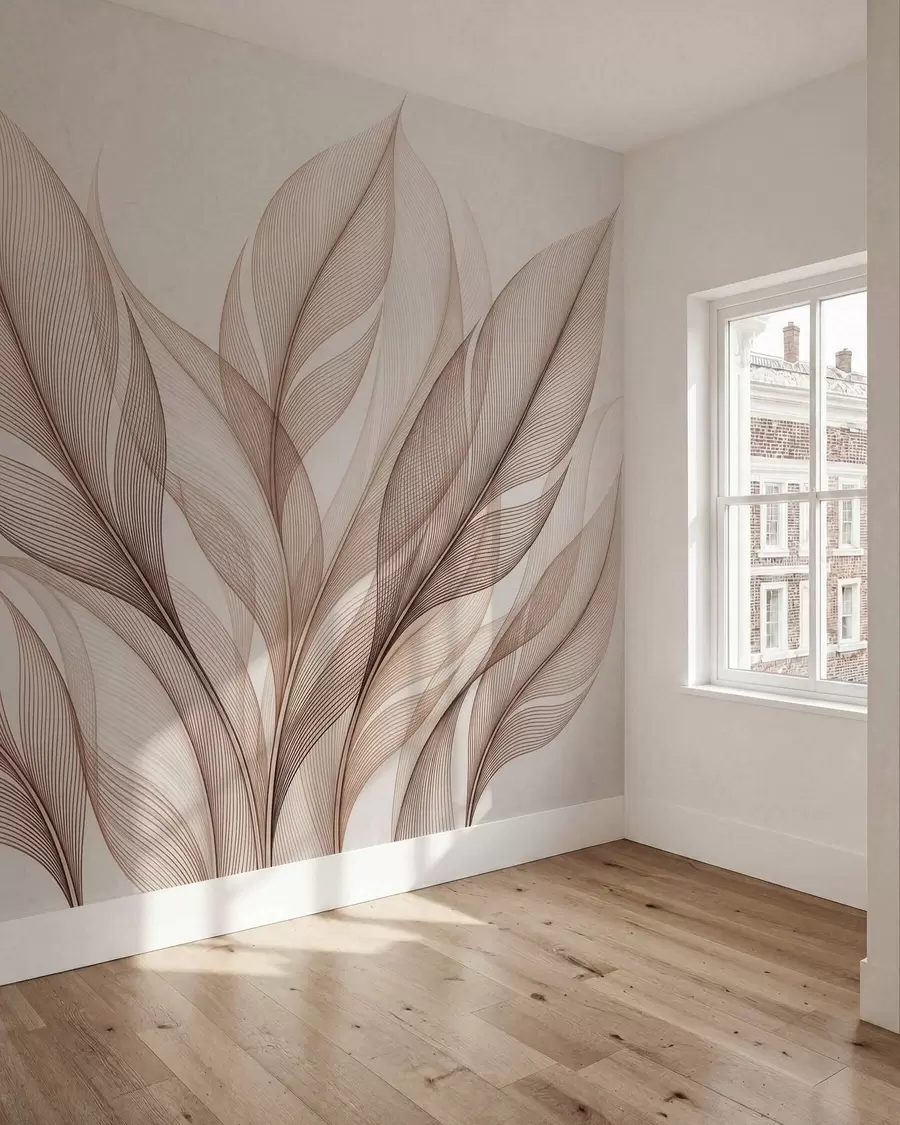 Fototapetai Elegantiška botaninė kompozicija su dideliais stilizuotais lapais w09944
