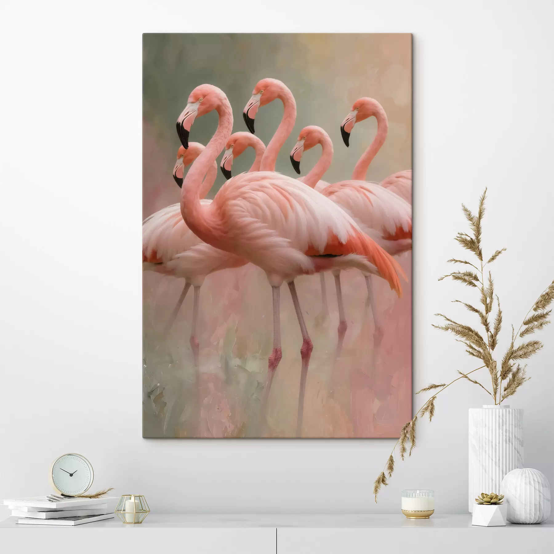 Paveikslėlis Dekoratyvus flamingų pulko portretas, nutapytas šiuolaikiniu tapybos stiliumi s49727