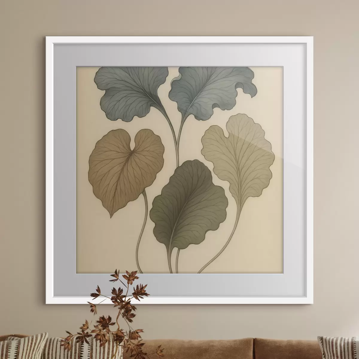 Plakatas Dekoratyviniai lapai švelnių atspalvių ant smėlio spalvos fono f49721