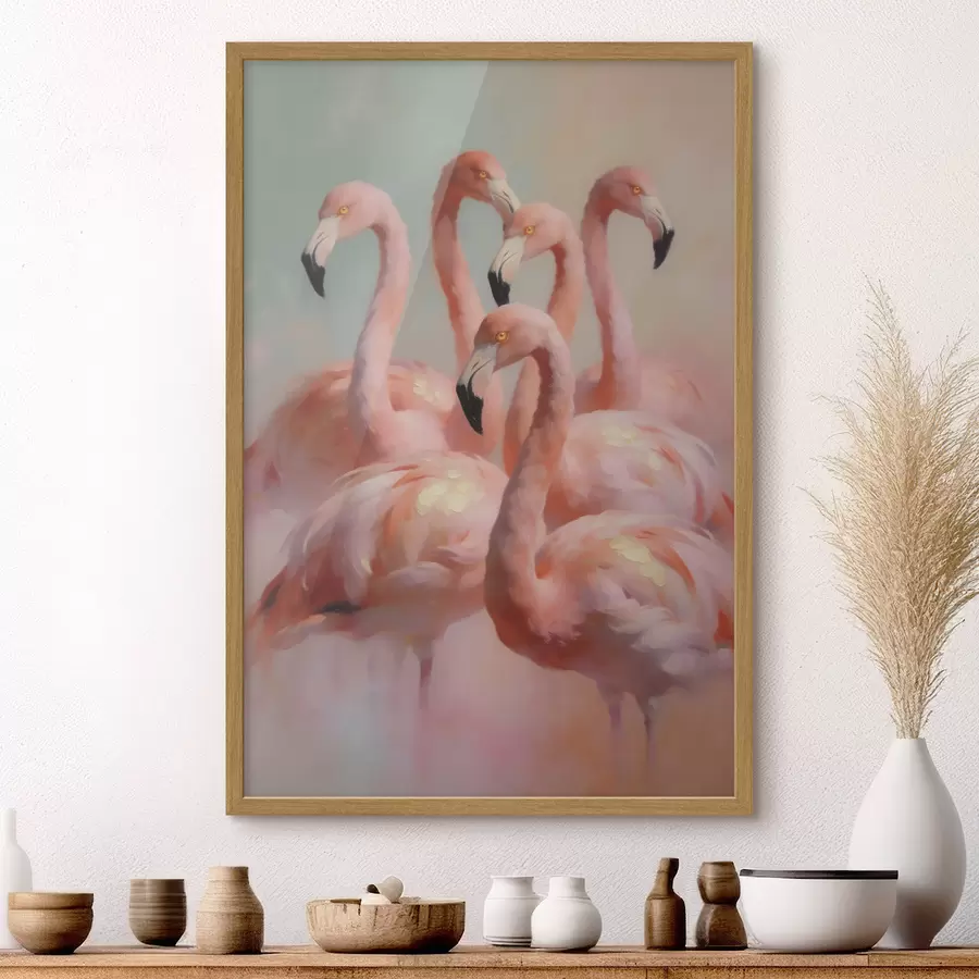 Fototapetai Rožiniai flamingai švelniomis pastelinėmis spalvomis, nutapyti aliejaus tapybos stiliumi f49726