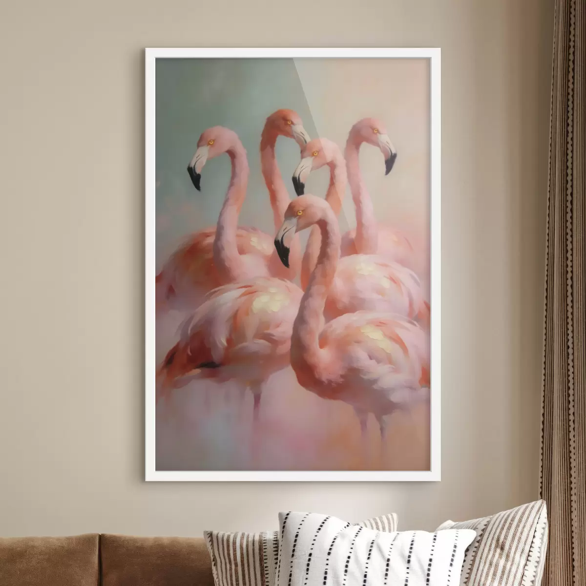 Plakatas Rožiniai flamingai švelniomis pastelinėmis spalvomis, nutapyti aliejaus tapybos stiliumi f49726