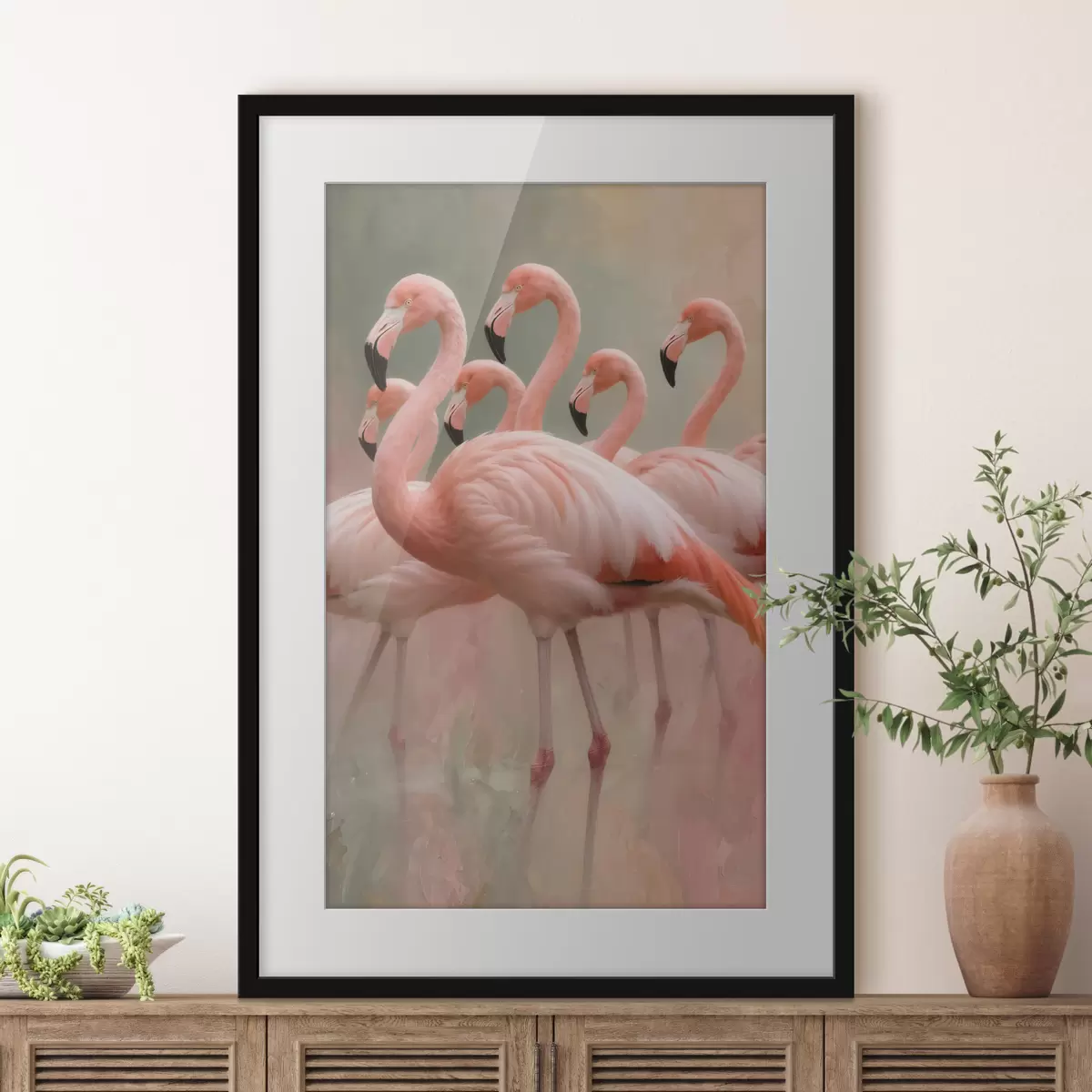 Plakatas Dekoratyvus flamingų pulko portretas, nutapytas šiuolaikiniu tapybos stiliumi f49727