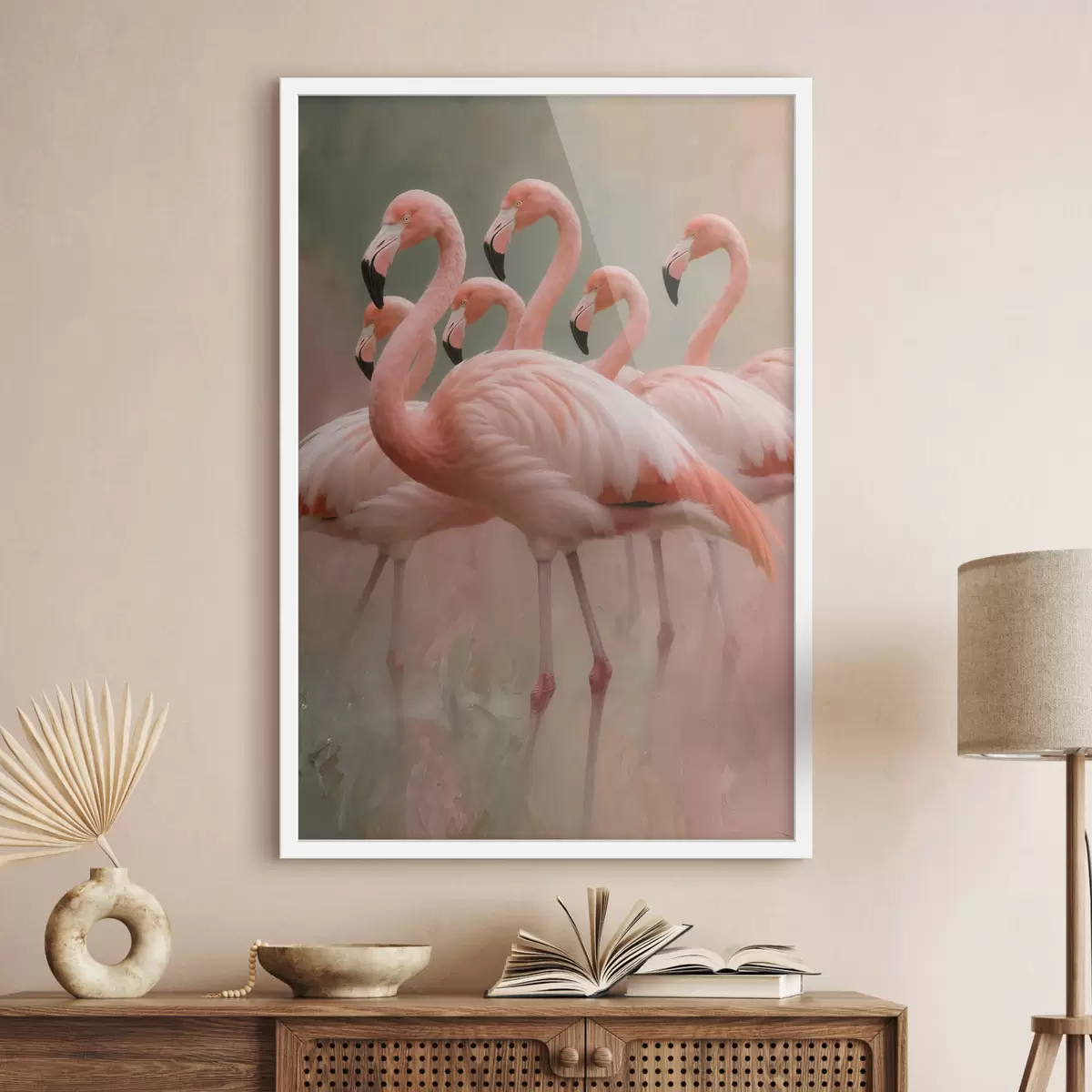 Plakatas Dekoratyvus flamingų pulko portretas, nutapytas šiuolaikiniu tapybos stiliumi f49727