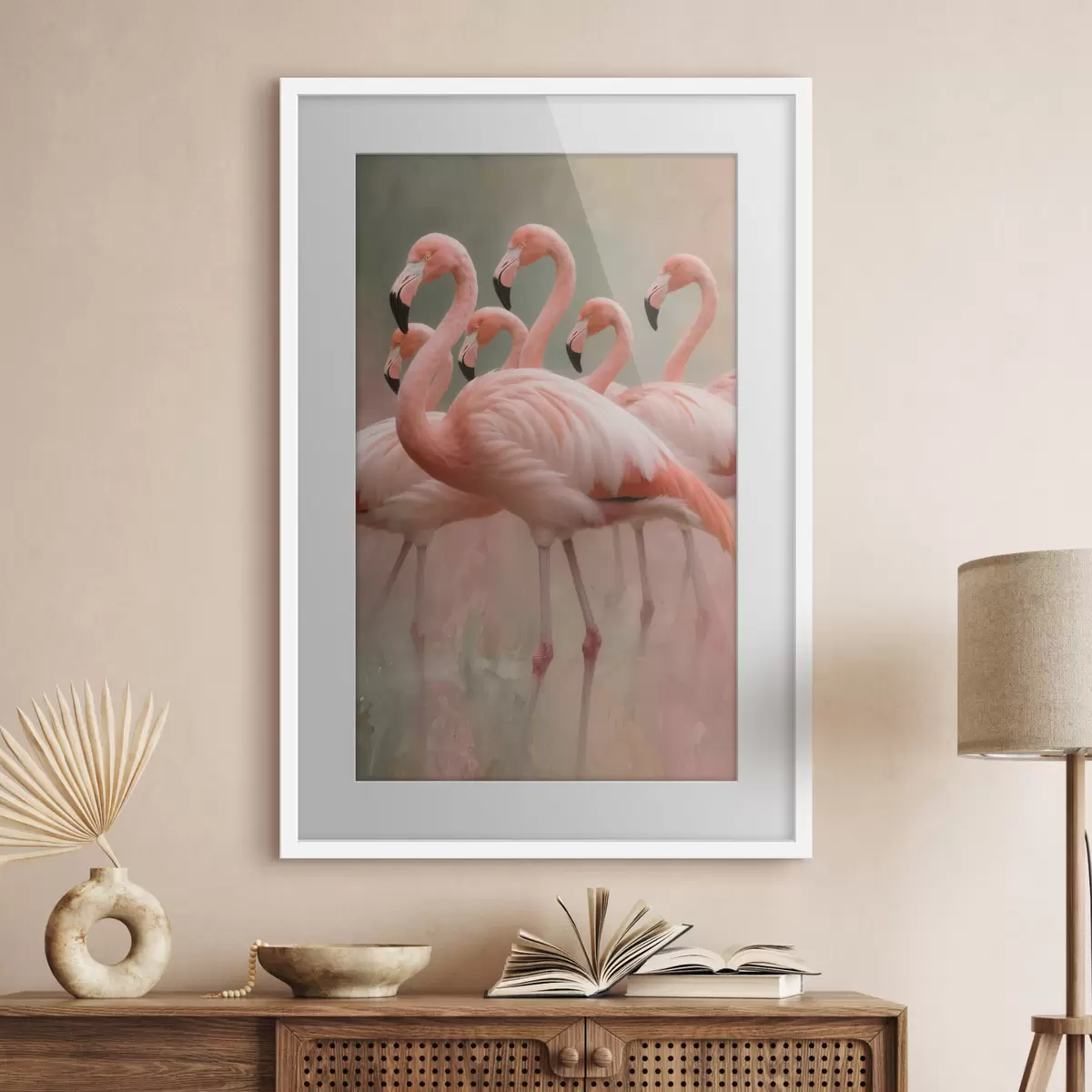 Plakatas Dekoratyvus flamingų pulko portretas, nutapytas šiuolaikiniu tapybos stiliumi f49727