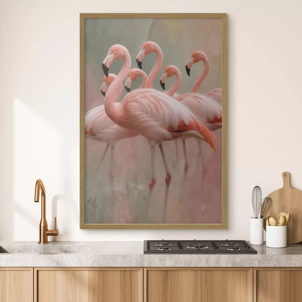 Plakatas Dekoratyvus flamingų pulko portretas, nutapytas šiuolaikiniu tapybos stiliumi f49727