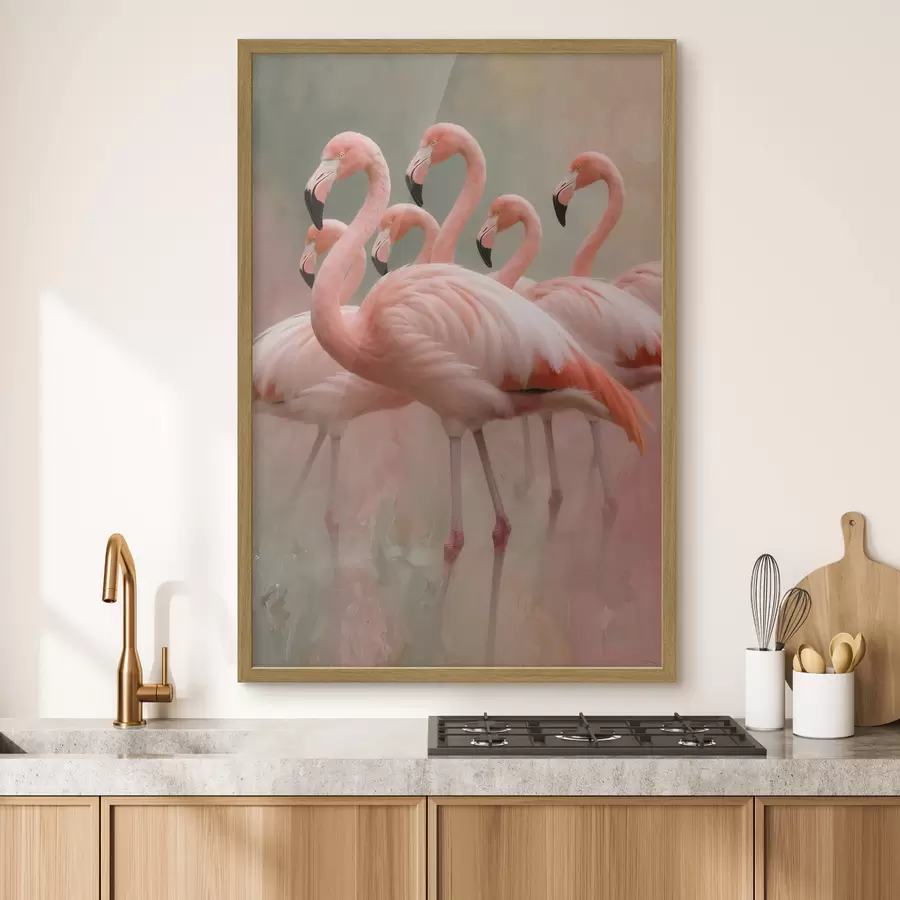 Fototapetai Dekoratyvus flamingų pulko portretas, nutapytas šiuolaikiniu tapybos stiliumi f49727
