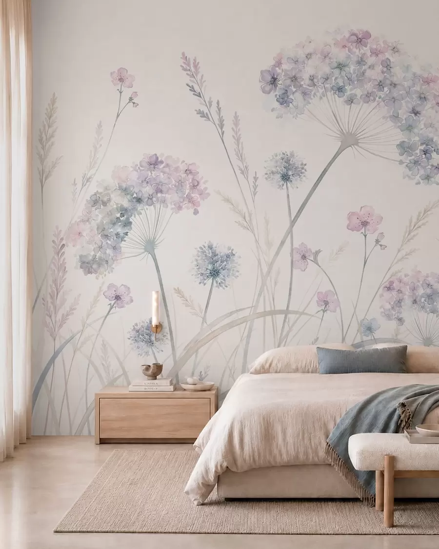 Fototapetai Pievų gėlės švelniais mėlynos ir alyvinės spalvų atspalviais w05731