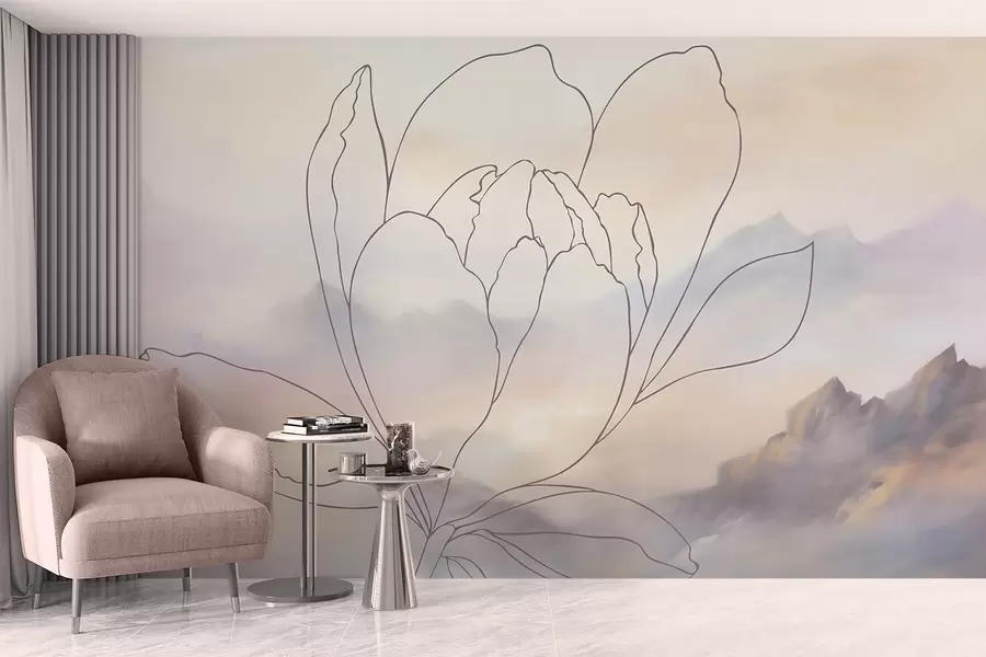Fototapetai Kalnų peizažas su gėlės siluetu w05788