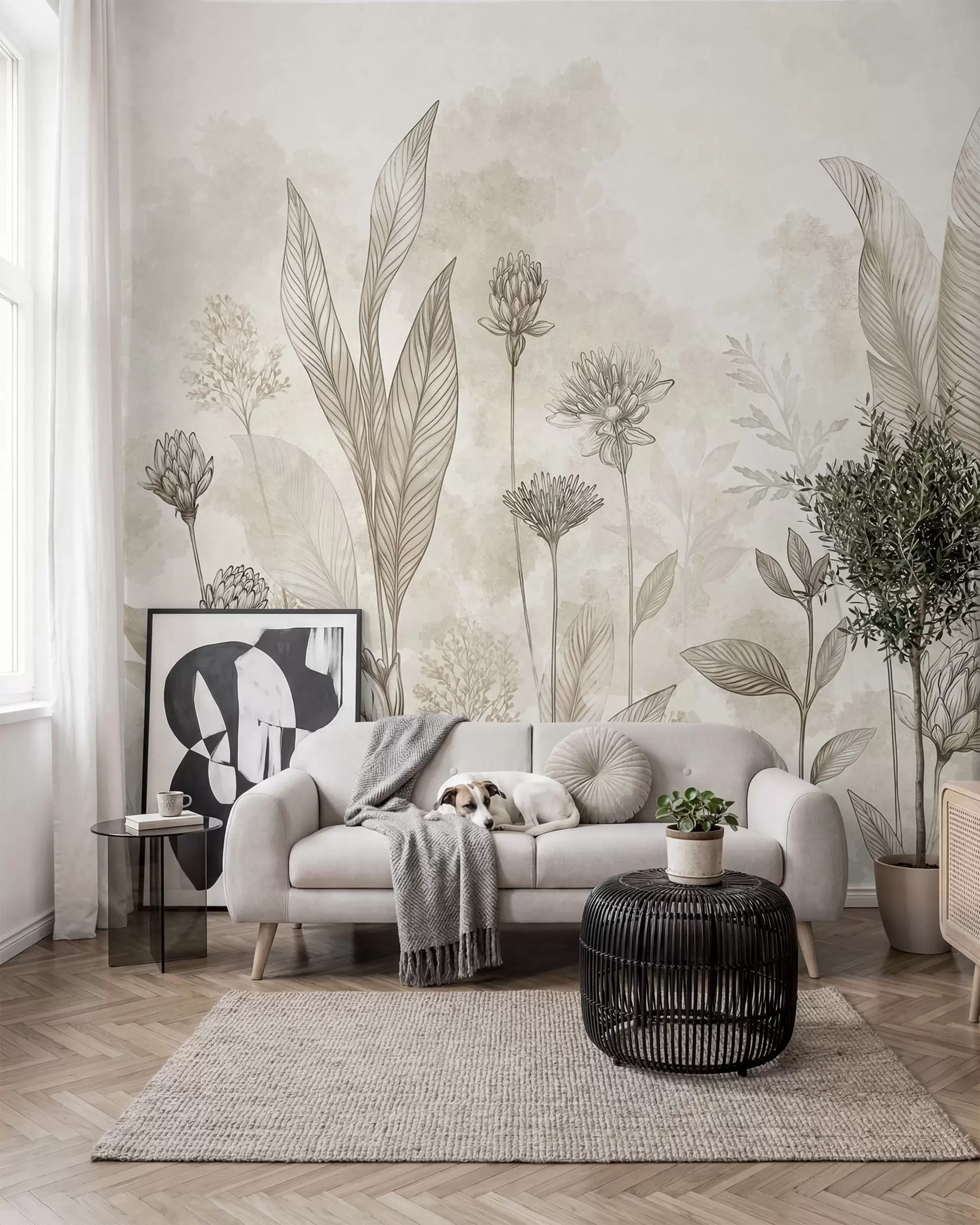 Fototapetai Botaninė kompozicija su gėlėmis ir lapais w05802