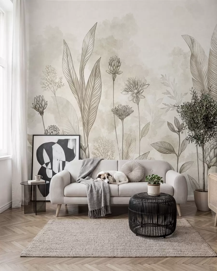 Fototapetai Botaninė kompozicija su gėlėmis ir lapais w05802