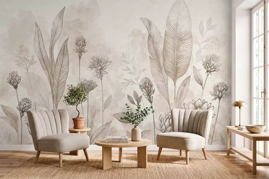 Fototapetai Botaninė kompozicija su gėlėmis ir lapais w05802