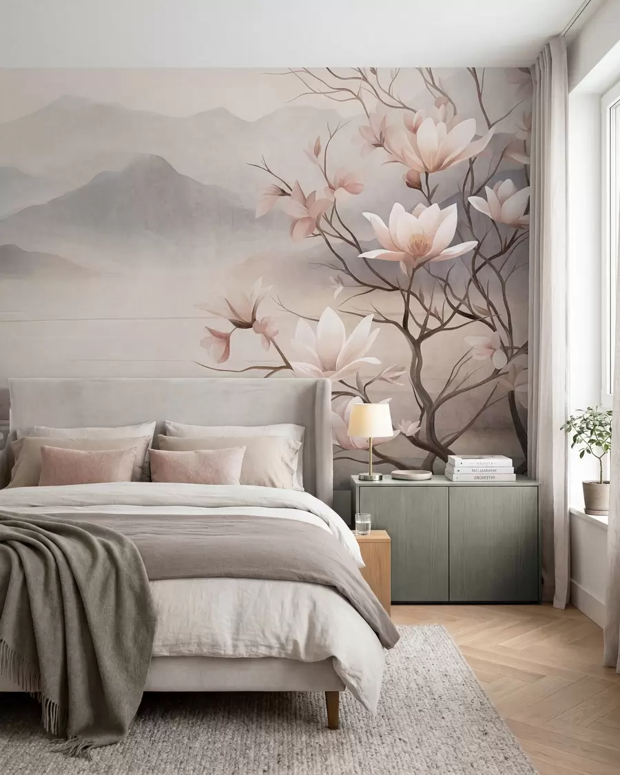 Fototapetai Kalnai ir žydinčios rausvos magnolijos šakos, tekstūringas peizažas w10013