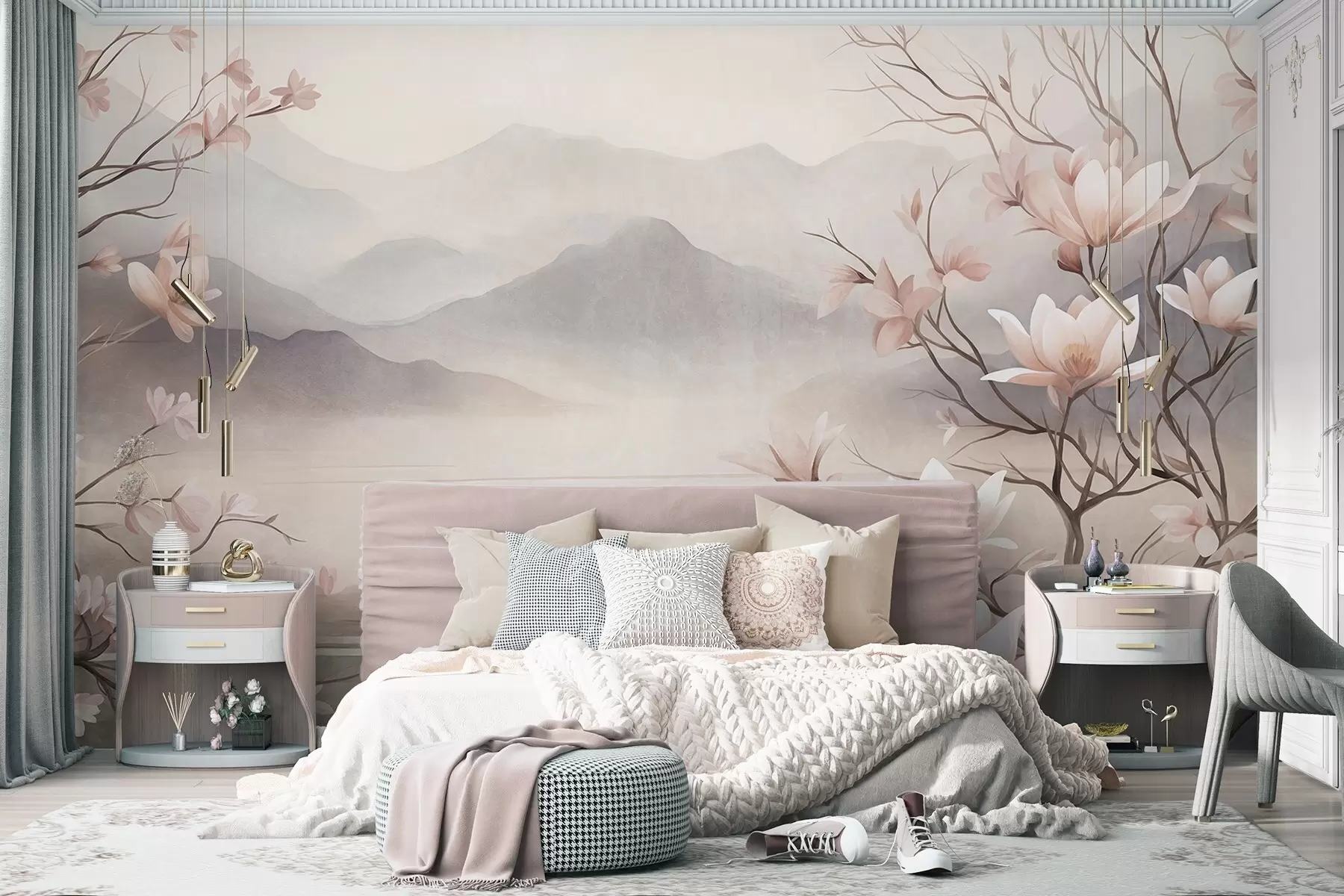 Fototapetai Kalnai ir žydinčios rausvos magnolijos šakos, tekstūringas peizažas w10013