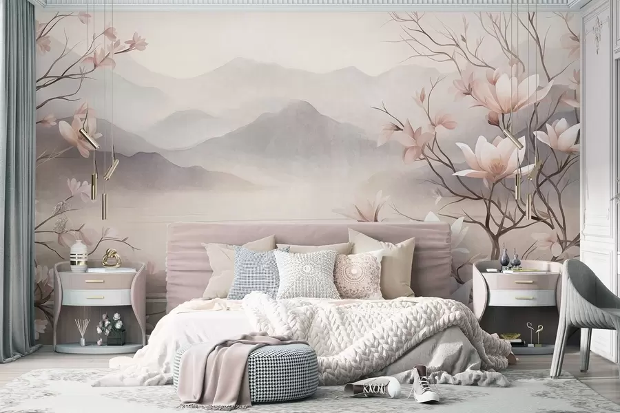Fototapetai Kalnai ir žydinčios rausvos magnolijos šakos, tekstūringas peizažas w10013