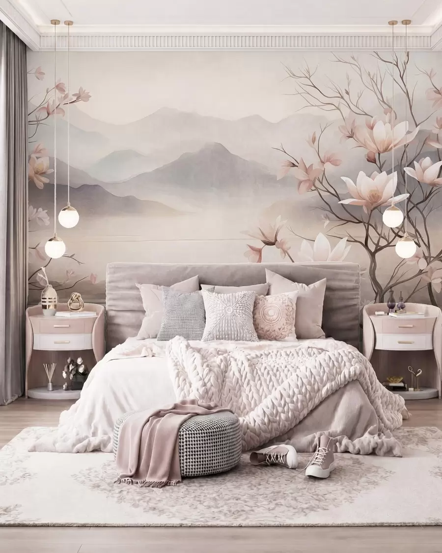 Fototapetai Kalnai ir žydinčios rausvos magnolijos šakos, tekstūringas peizažas w10013