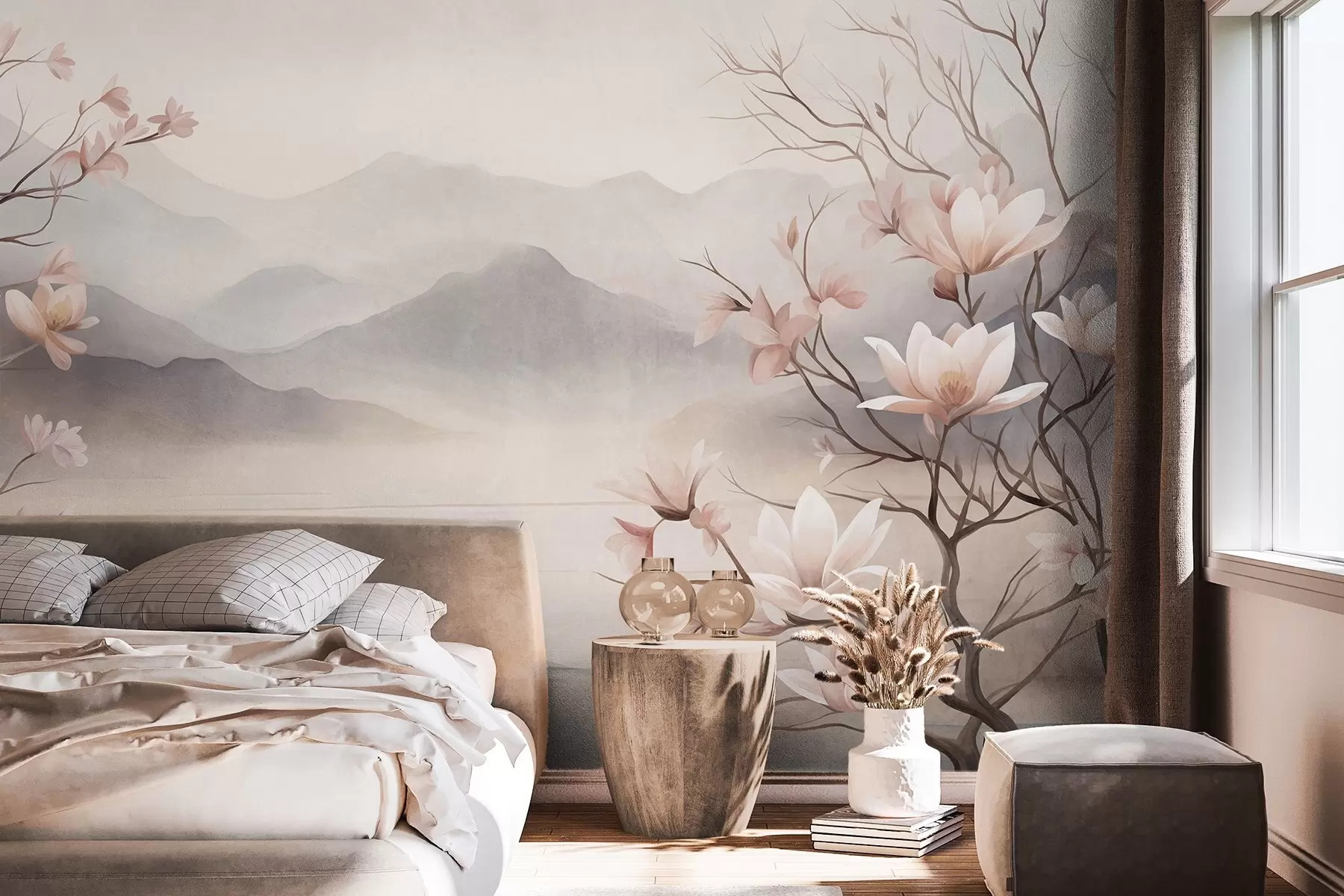 Fototapetai Kalnai ir žydinčios rausvos magnolijos šakos, tekstūringas peizažas w10013
