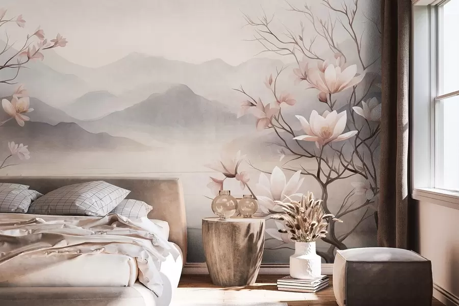 Fototapetai Kalnai ir žydinčios rausvos magnolijos šakos, tekstūringas peizažas w10013