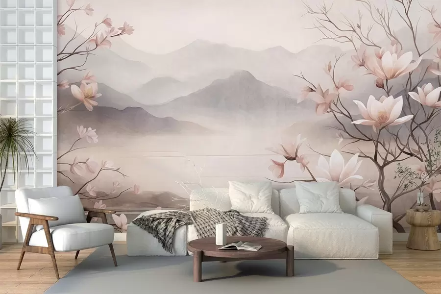 Fototapetai Kalnai ir žydinčios rausvos magnolijos šakos, tekstūringas peizažas w10013
