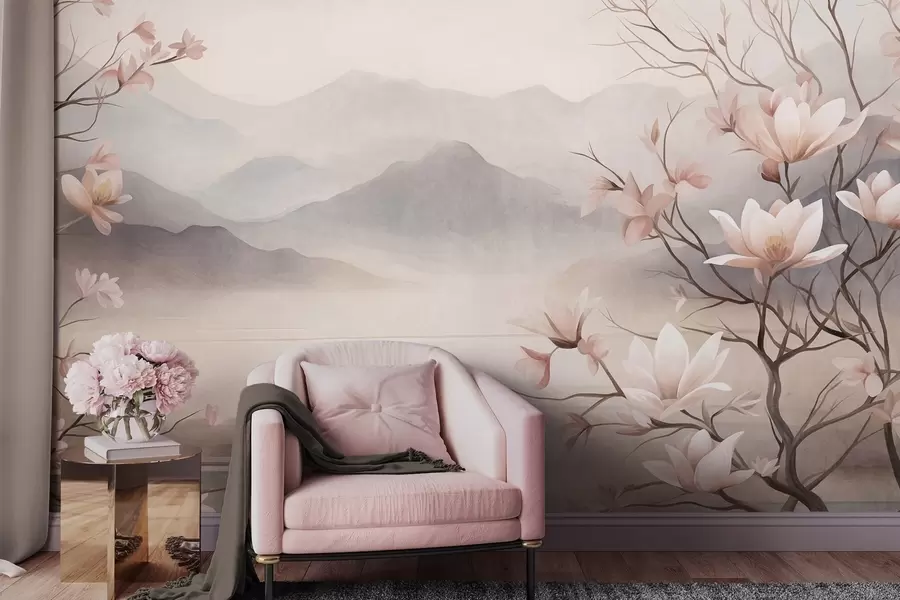 Fototapetai Kalnai ir žydinčios rausvos magnolijos šakos, tekstūringas peizažas w10013