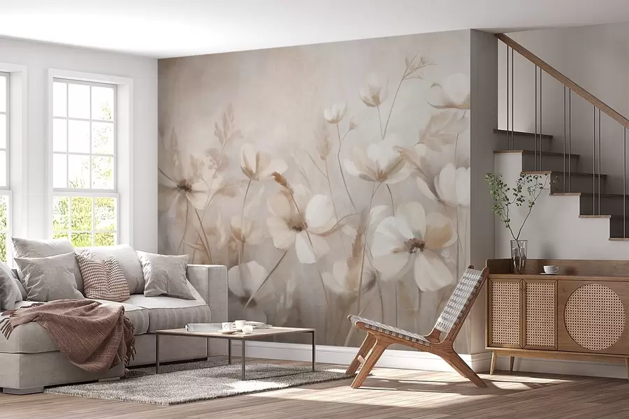 Fototapetai Šviesių spalvų gėlių ir aukštų žolių laukas, nudažytas prislopintomis spalvomis, tekstūrinis meno kūrinys w10019