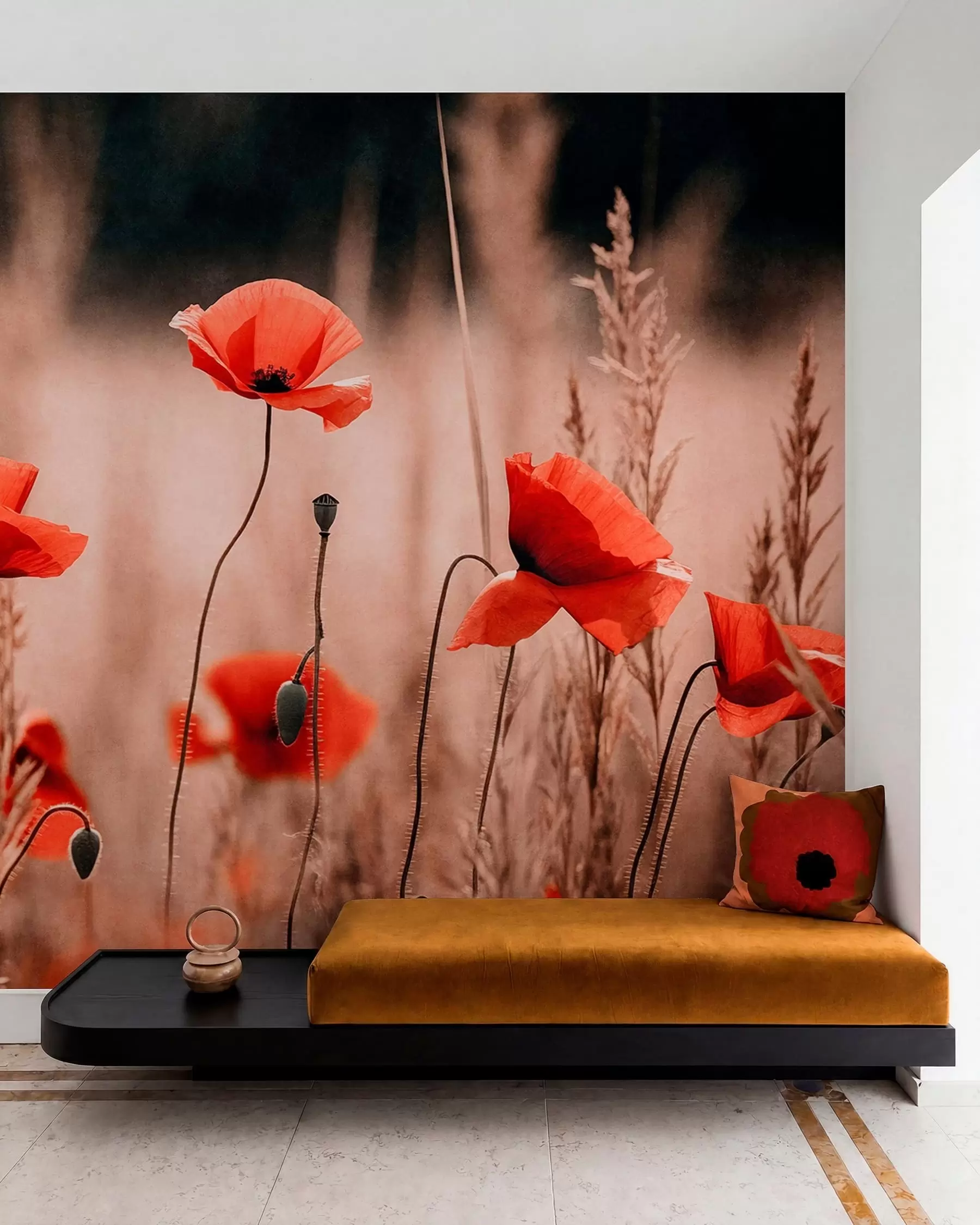 Fototapetai Ryškiai raudoni aguonai tarp sausų žolių w05866