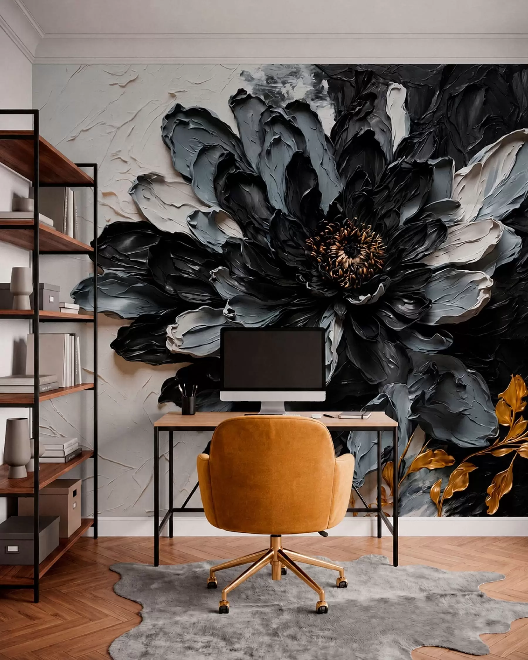 Fototapetai Tekstūruotas juodas ir pilkas gėlės motyvas su dekoratyvinėmis šakomis w05883