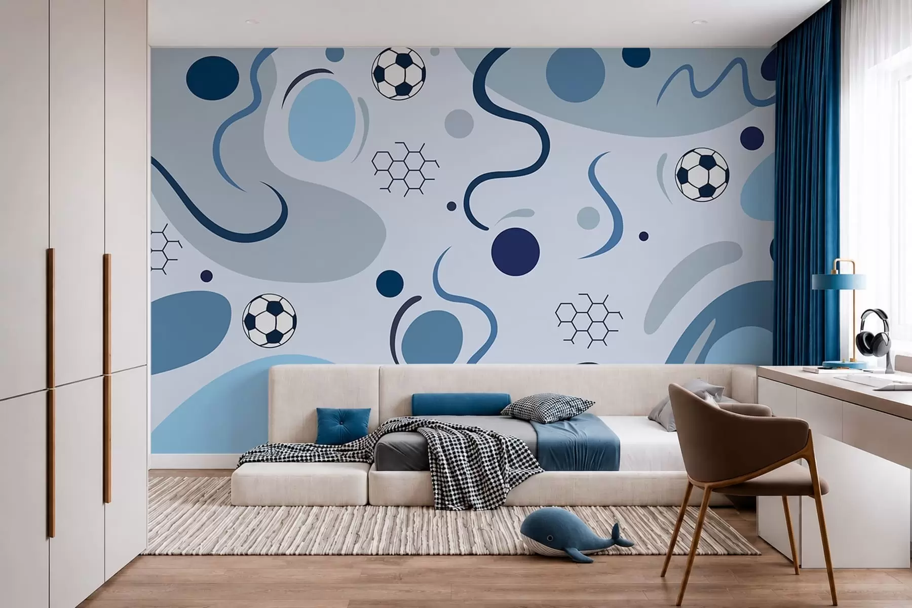 Fototapetai Spalvingos abstrakčios figūros, futbolo kamuoliai ir diagramos w05142