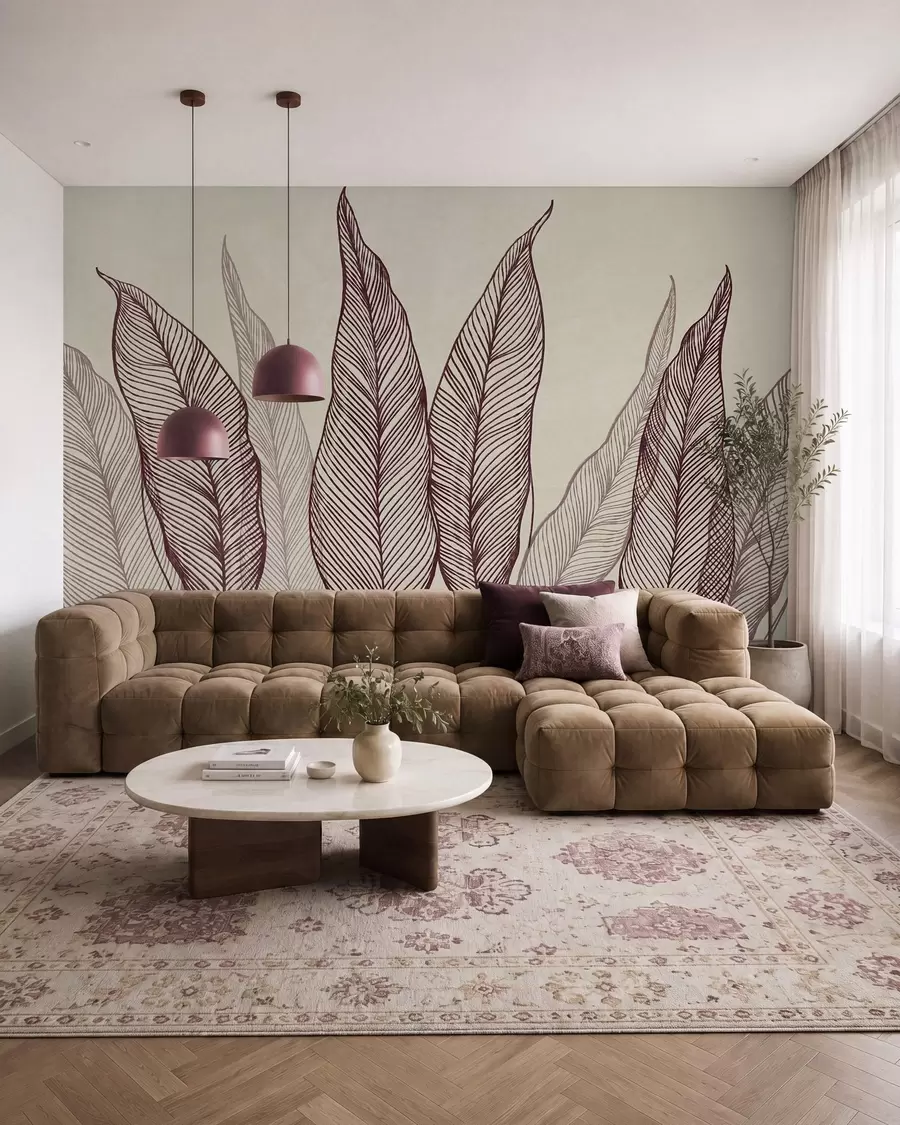Fototapetai Stilizuoti bordo spalvos lapai su sudėtingomis linijinėmis detalėmis smėlio spalvos fone, tekstūruotas meno kūrinys w10030v1