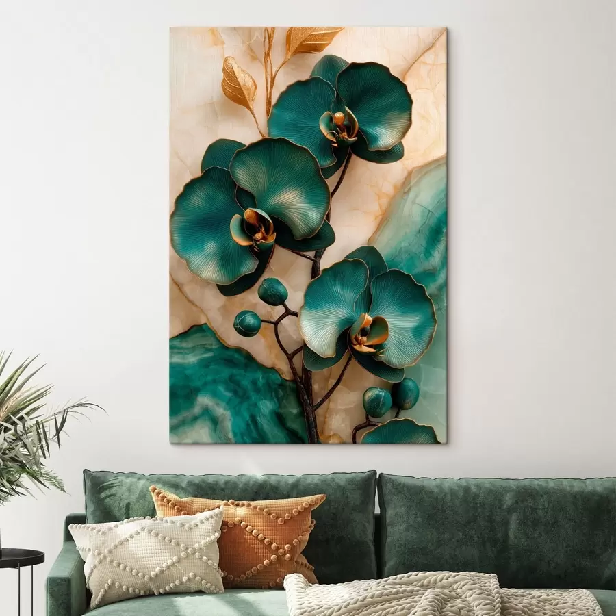 Fototapetai Turkio spalvos orchidėjos ant šviesaus fono su akmenį primenančiu vaizdiniu efektu s50456