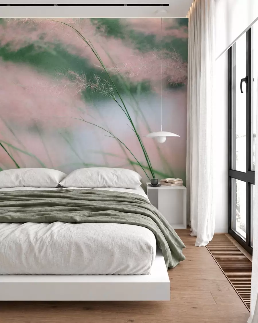 Fototapetai Švelnios rožinės spalvos žolės prieš švelnų žalią foną w05886