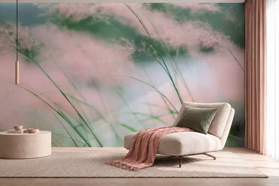 Fototapetai Švelnios rožinės spalvos žolės prieš švelnų žalią foną w05886