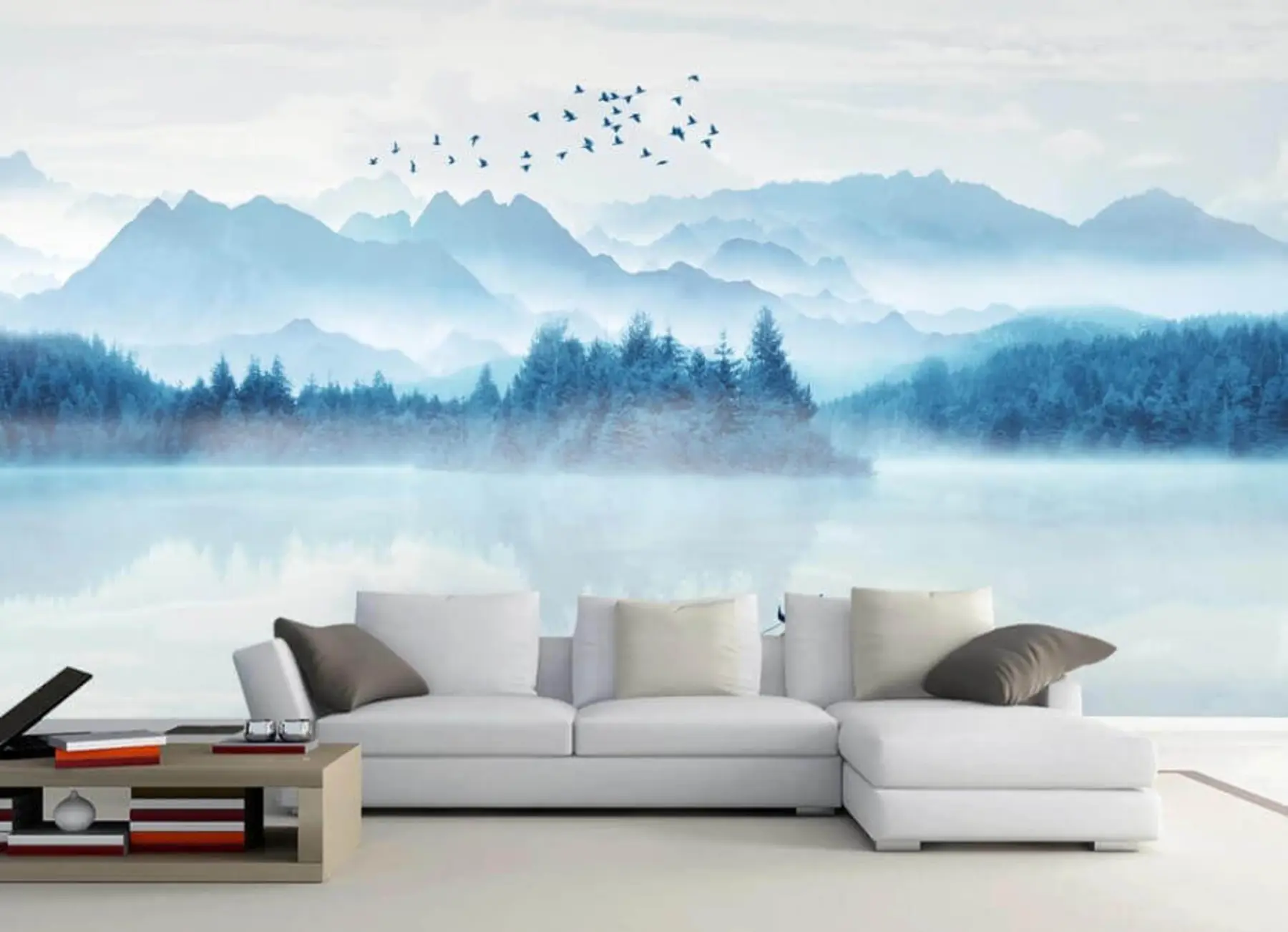 Fototapetai Kalnai, valtis rūke skendinčiame ežere u32395