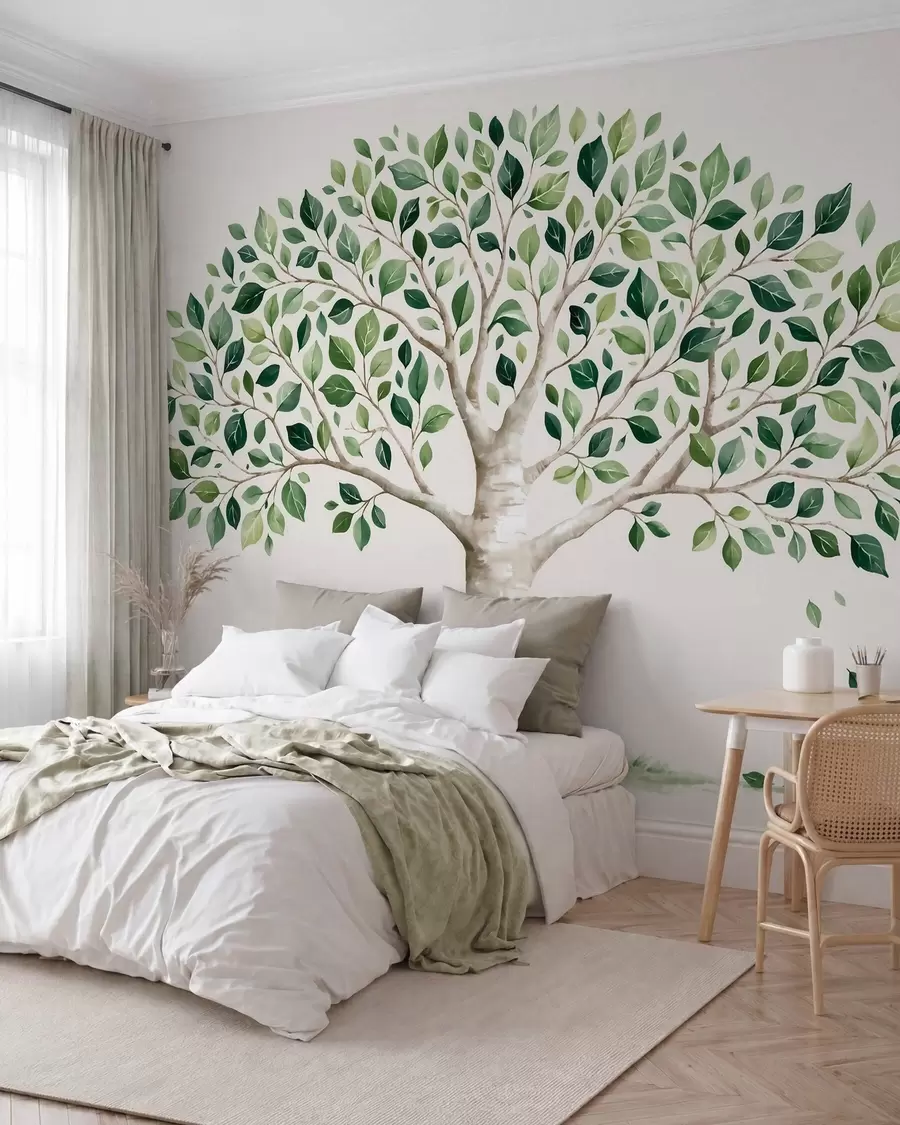 Fototapetai Medis su žaliais lapais, akvarelės stiliaus, minimalistinis w10046