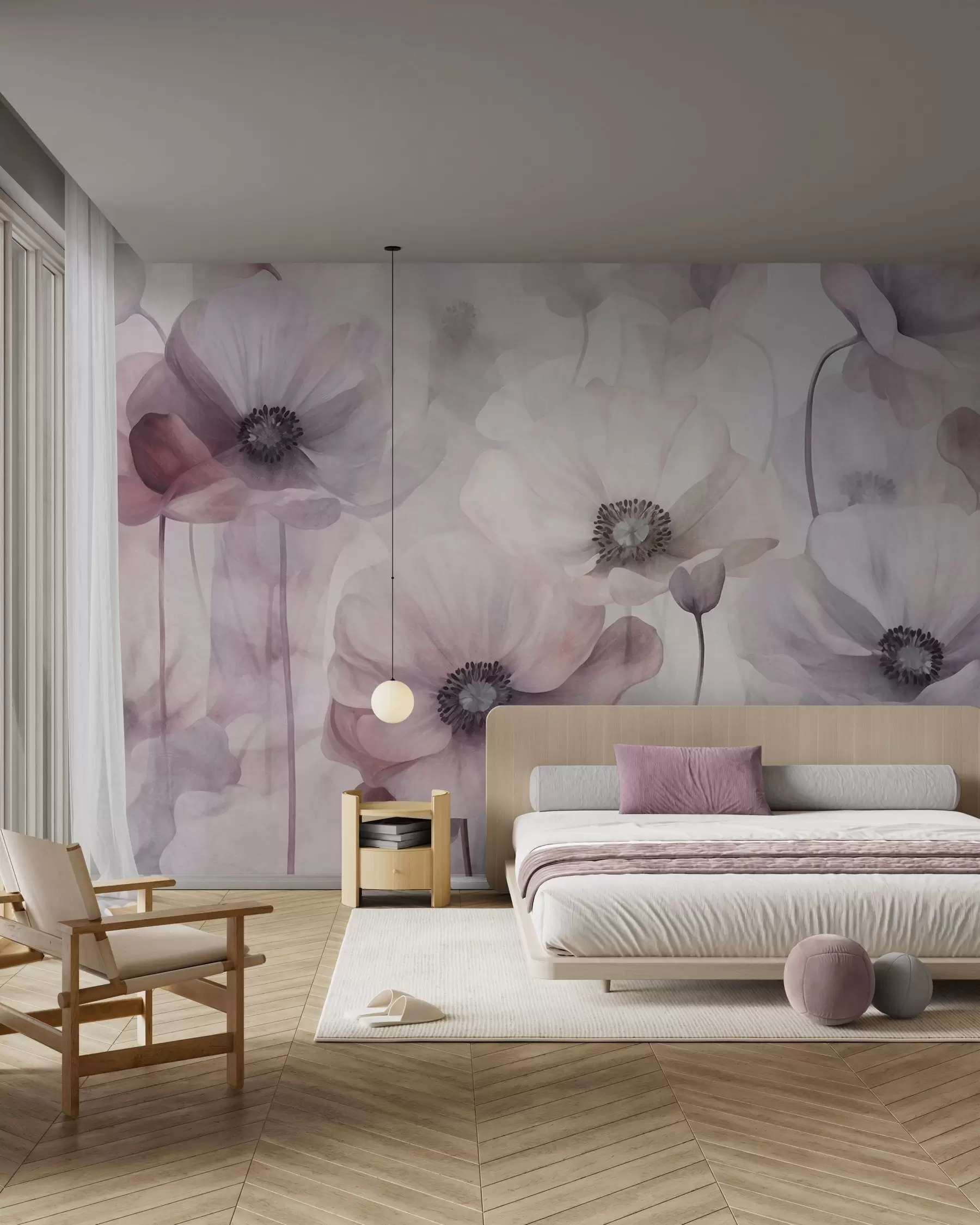 Fototapetai Šviesiai rožiniai ir balti aguonai su subtiliais žiedlapiais w10029v1