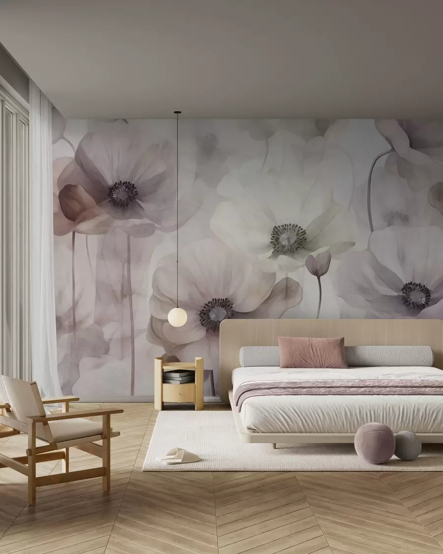 Fototapetai Šviesiai rožiniai ir smėlio spalvos aguonos su subtiliais žiedlapiais w10029