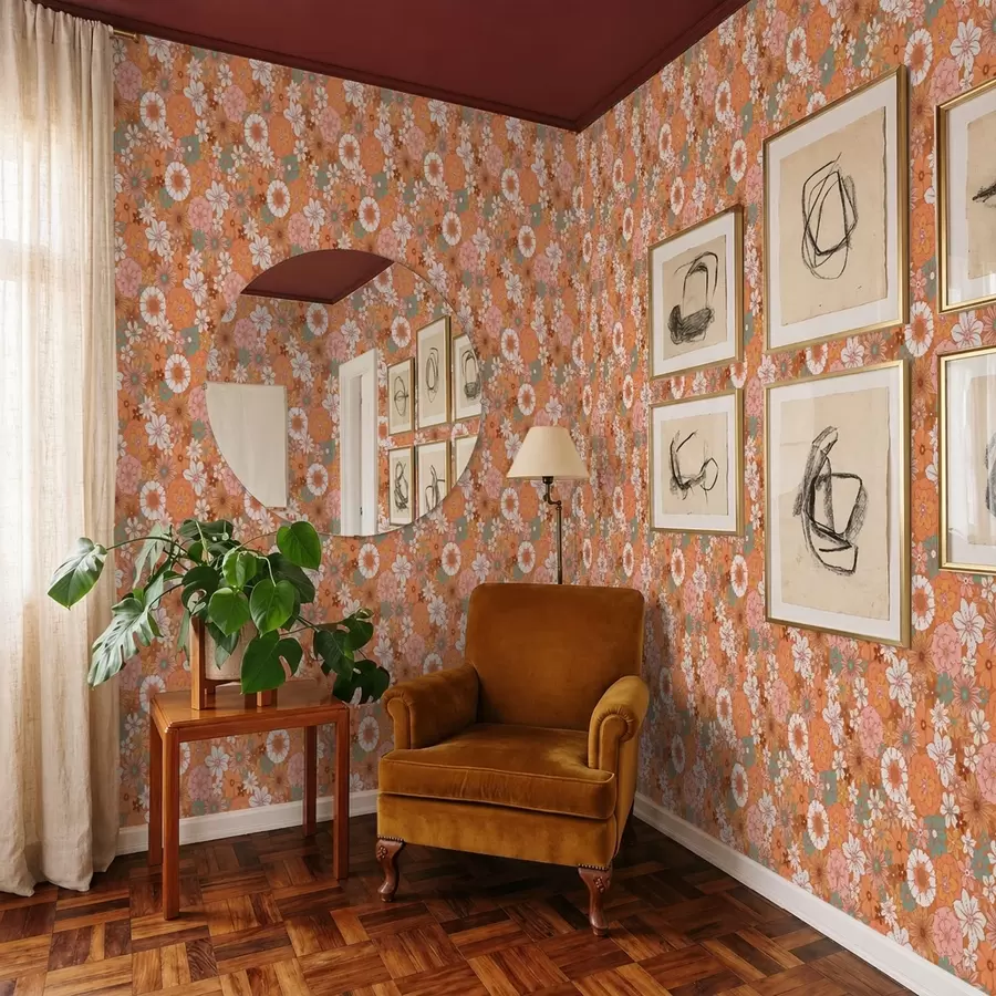 Fototapetai Ryškus gėlių raštas šiltų oranžinių atspalvių a01269v1
