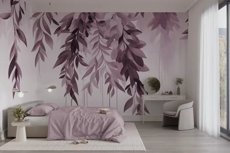 Fototapetai Kabančios abstrakčios lapų formos, violetinės ir rožinės spalvų atspalvių, su ilgais, plonais stiebais w10057v1
