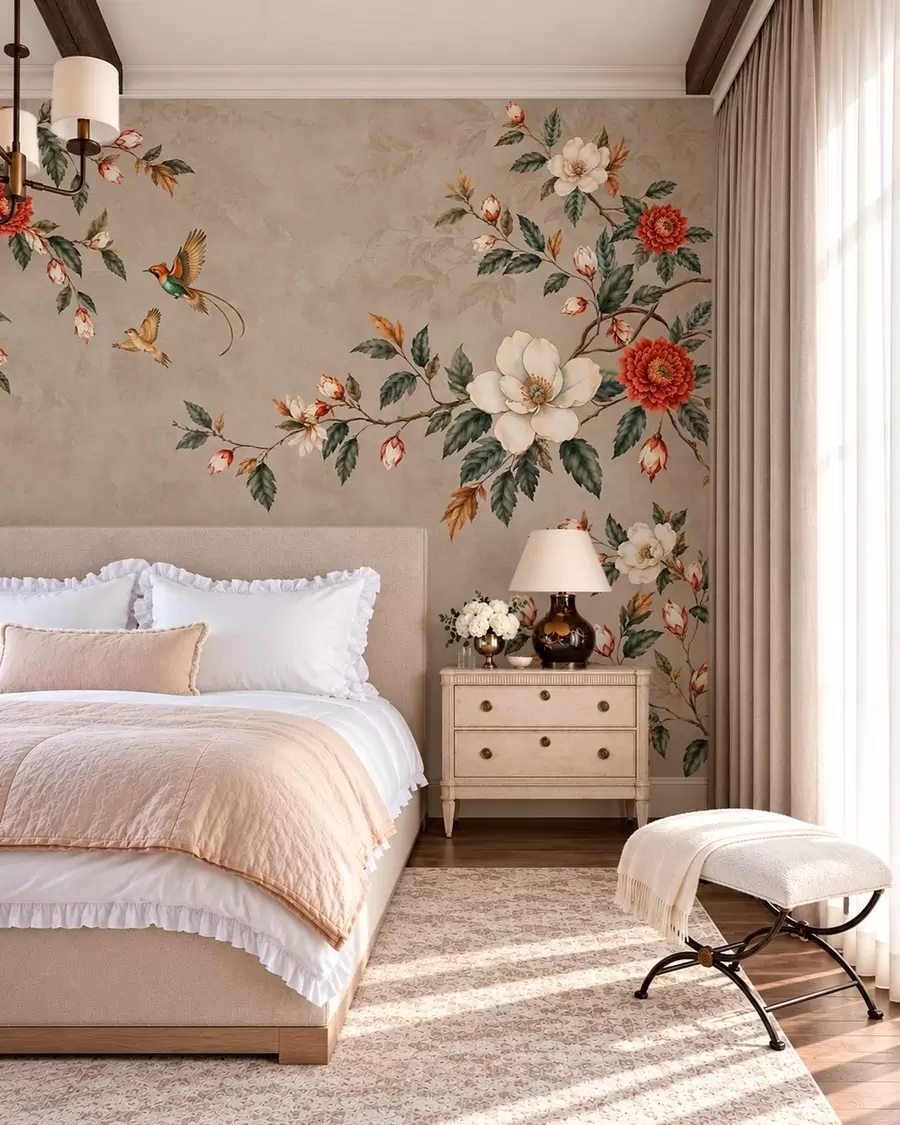 Fototapetai Gėlės, žali lapai ir du paukščiai šviesaus fono fone w05927v1
