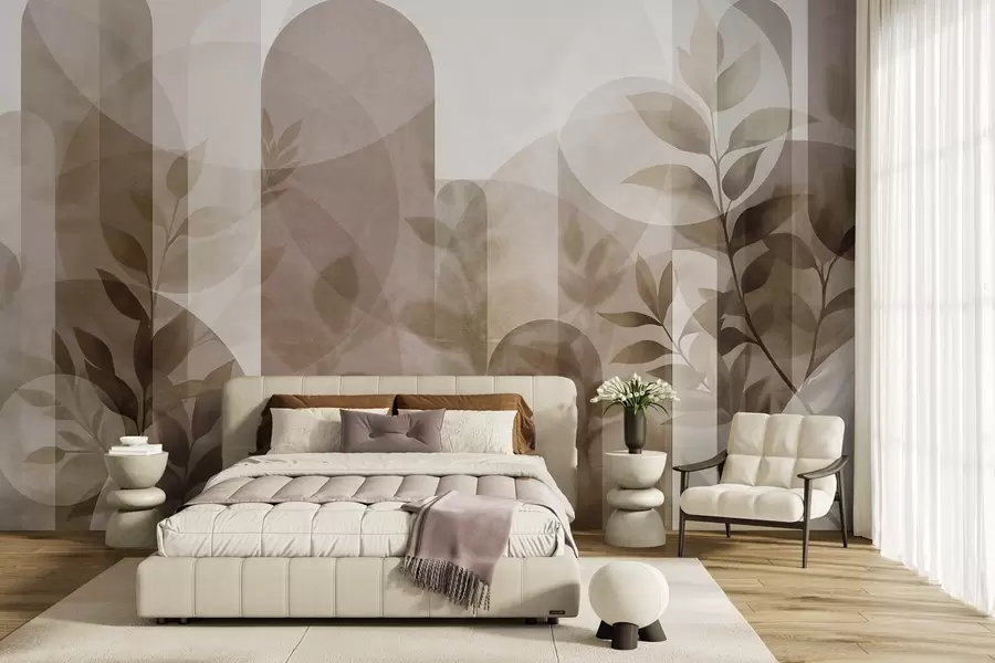 Fototapetai Abstrakčios geometrinės figūros ir subtilūs lapai prislopintų rudų ir smėlio atspalvių w10088