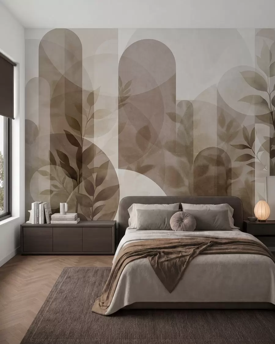 Fototapetai Abstrakčios geometrinės figūros ir subtilūs lapai prislopintų rudų ir smėlio atspalvių w10088