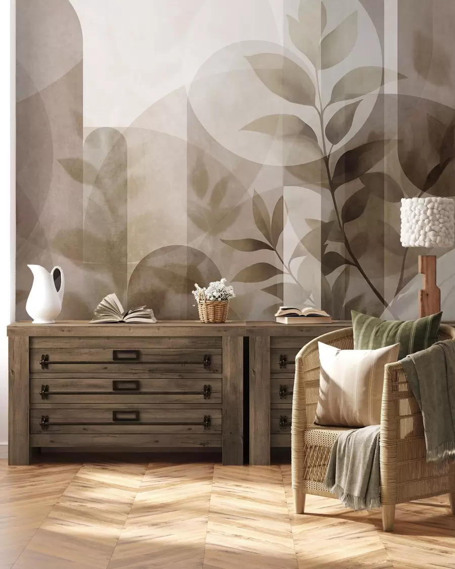 Fototapetai Abstrakčios geometrinės figūros ir subtilūs lapai prislopintų rudų ir smėlio atspalvių w10088
