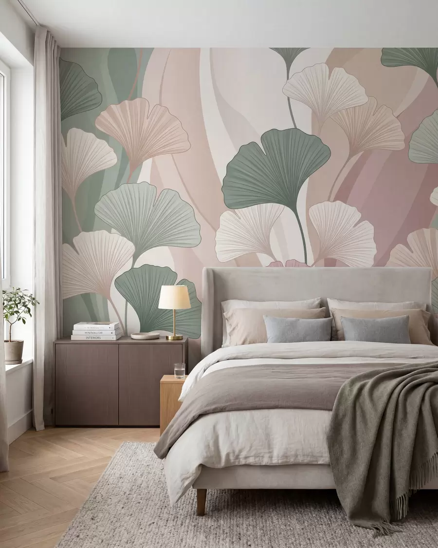 Fototapetai Pasteliniai ginkgo lapai ant abstraktaus fono, kurį sudaro žalios, kreminės, smėlio ir dulkės rožinės spalvos atspalviai w10040