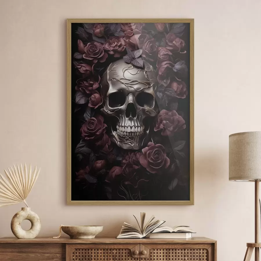 Fototapetai Paslaptingas kaukolės reljefas tarp Burgundijos rožių f50914