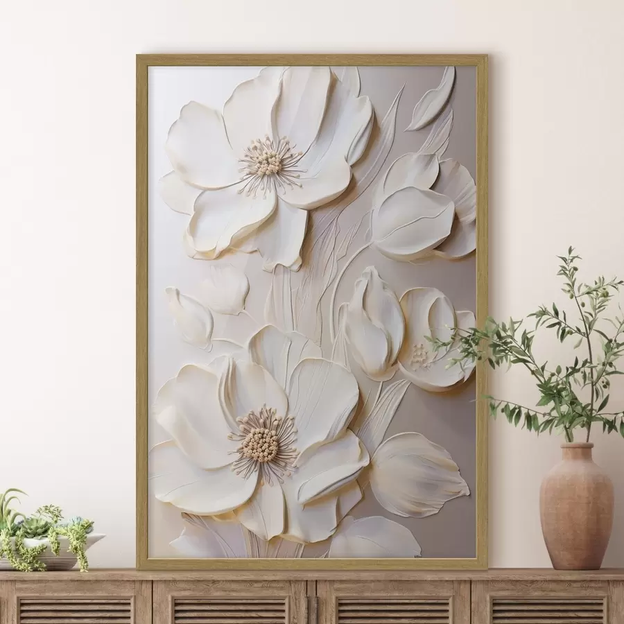 Fototapetai Kreminės spalvos gėlės su reljefiniais žiedlapiais, švelnus, šviesus fonas f50957