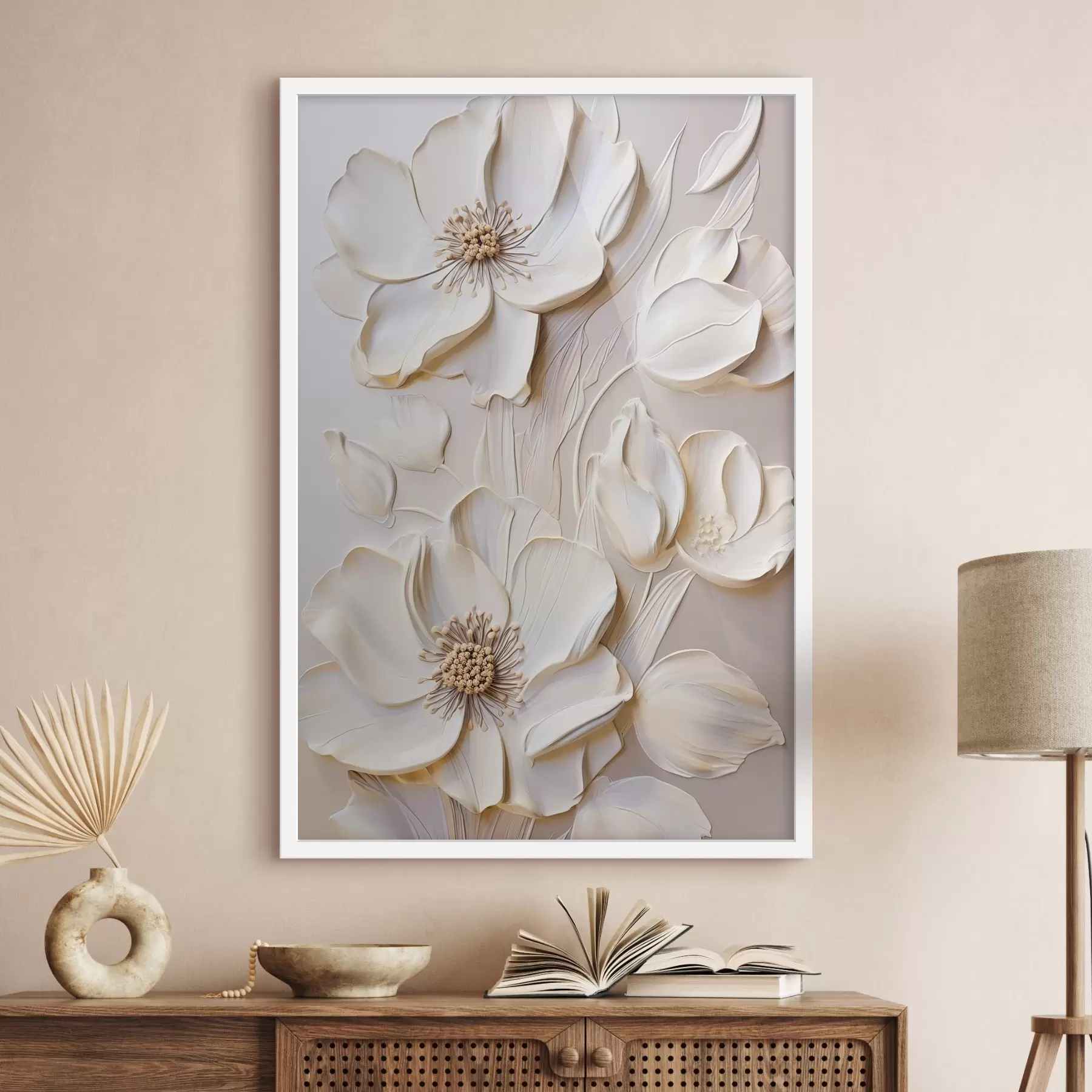 Fototapetai Kreminės spalvos gėlės su reljefiniais žiedlapiais, švelnus, šviesus fonas f50957