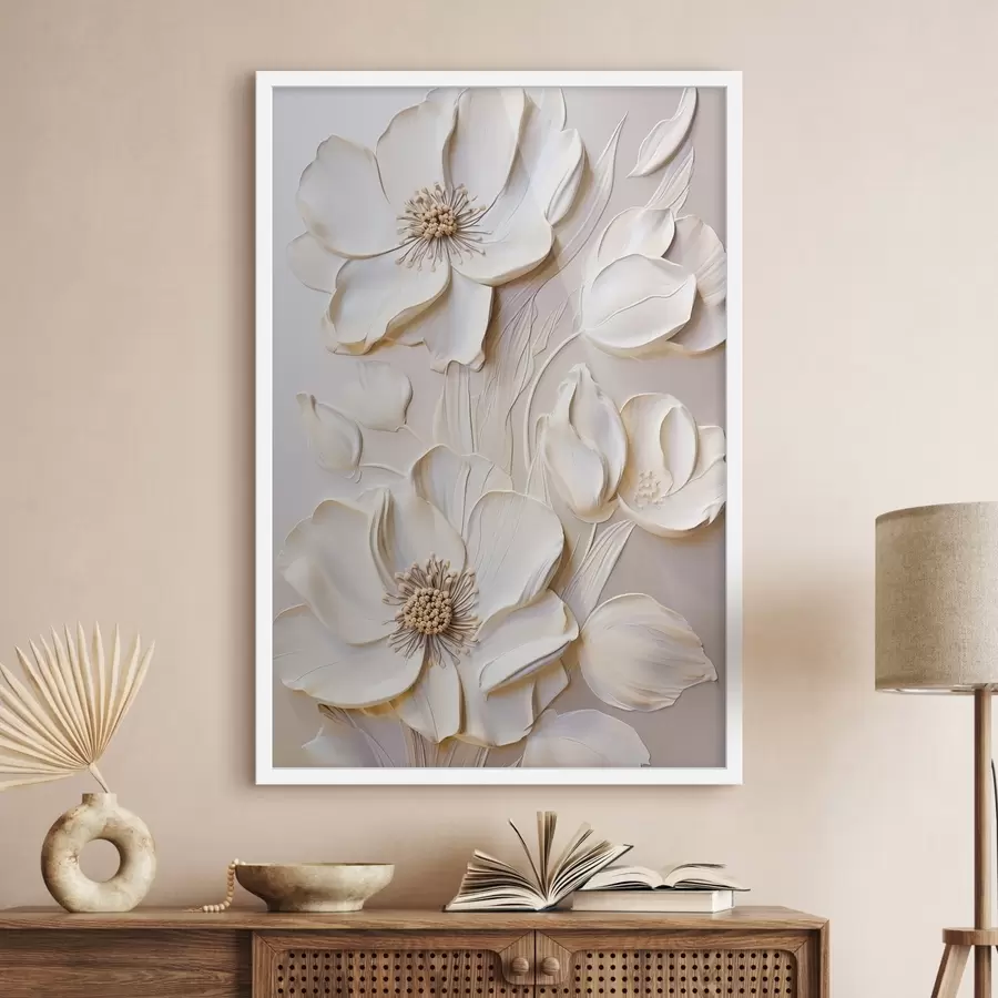 Fototapetai Kreminės spalvos gėlės su reljefiniais žiedlapiais, švelnus, šviesus fonas f50957