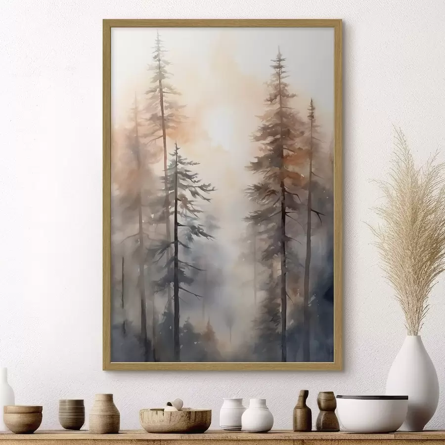 Fototapetai Aukštos pušys, miško peizažas, apšviestas šilta oranžine šviesa f50960